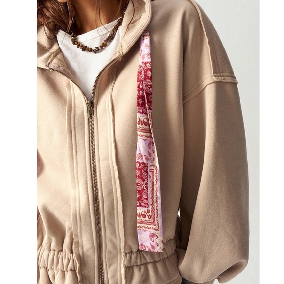 Cozy Paisley Print Drawstring Reverse Stitch Zip up Hoodie top - Picture 6 of 7